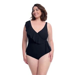 PROFILE‎ BY GOTTEX TUTTI FRUTTI ASYMMETRICAL RUFFLE SURPLICE SWIMSUIT Black 14